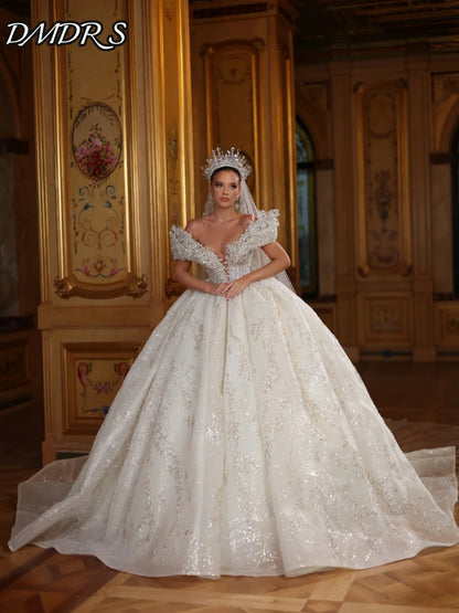 Sexy Deep V Neck Bridal Gown 2026 Graceful Applique Wedding Dress Shiny Elegant Sequin Beaded Floor-Length Gown Customized