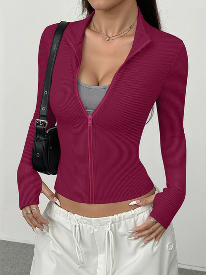 Everyday Ribbed High Neck Zip-Up Top, Slim Fit Long Sleeve Layer for Errands, Coffee Runs & Casual Meetups