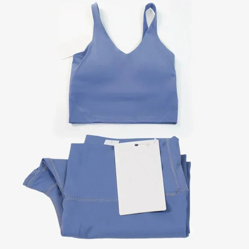 Classic women's 2-piece yoga outfit: U-shaped camisole top & high-waisted nude-feel leggings, suitable for fitness and workout.