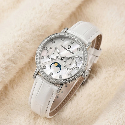 PAGANI DESIGN Women Quartz Watch Mop Dial Diamond Bezel Moon Phase Week Date Multi-function 50M Waterproof White Leather watch