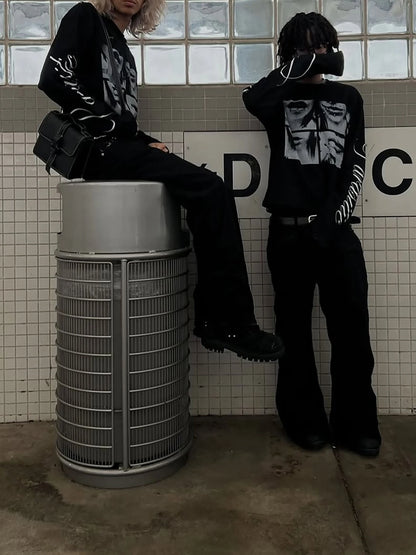 Dark style street punk unisex long sleeved shirt with retro millennium print T-shirt