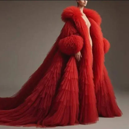 Red Fluffy Pleated Ruffled Long Sleeved Cloak Fluffy Tiered Tulle Long Women Jacket Lush Cape Vest Outfit Female Outwear Coat