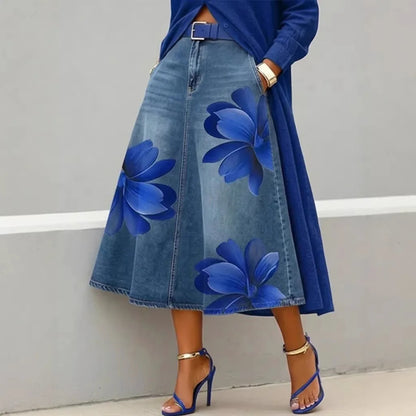 Denim Skirts Women Mid Length Skirt A Line Floral Print Pockets Elegant Splice Y2k Streetwear Work Beach Casual Washed Summer