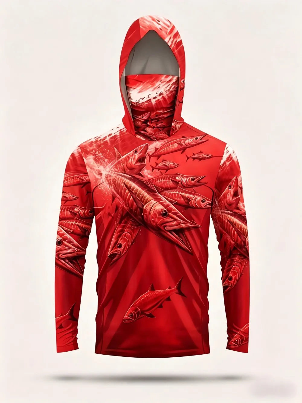 Men's summer fashion fish school print comfortable breathable hooded fishing suit long sleeved T-shirt outdoor casual top