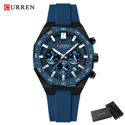 CURREN Fashion Casual Men Sports Watch Chronograph Silicone Belt Auto Date Dial Quartz Wristwatch Male Reloj Relogio Masculino