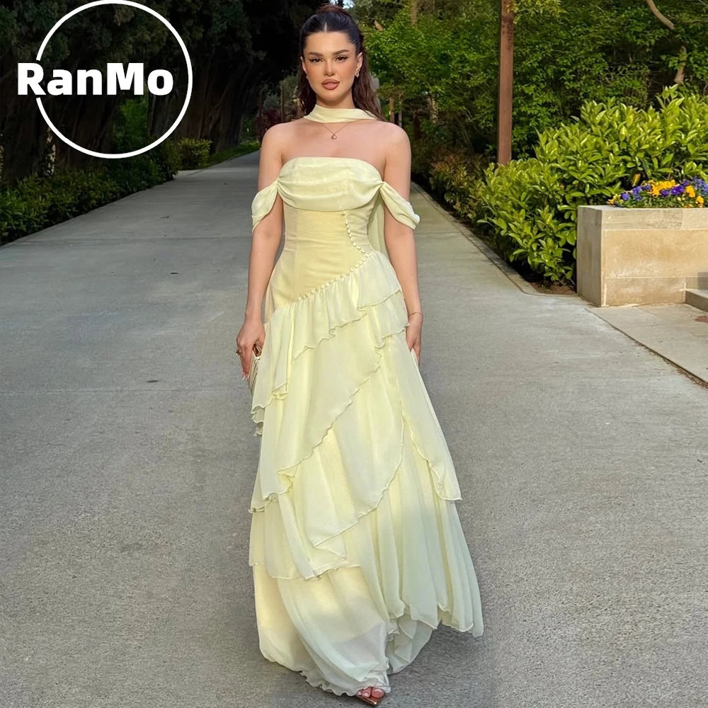 Ranmo Prom Gown Yellow Strapless 2026 A Line Ruffled Party Gown Chiffon Floor Length Evening Dress Vestidos De Gala Customized