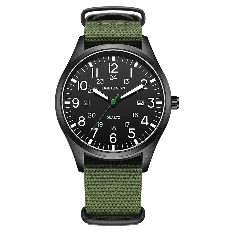 LIGE 2025 TOP NEW quartz wristwatch Arabic Watch for Men Luminous Green Nylon Luxury Leather Wrist Men Watch Montre Homme+BOX