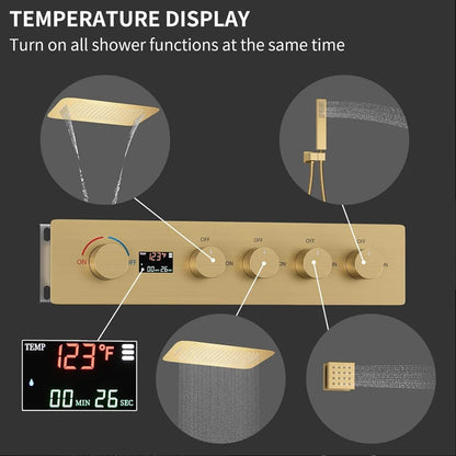 Brass Brushed Gold Digital Display Thermostatic Shower System Rainfall Shower Faucet  Bathroom Shower Faucet with Body Jets