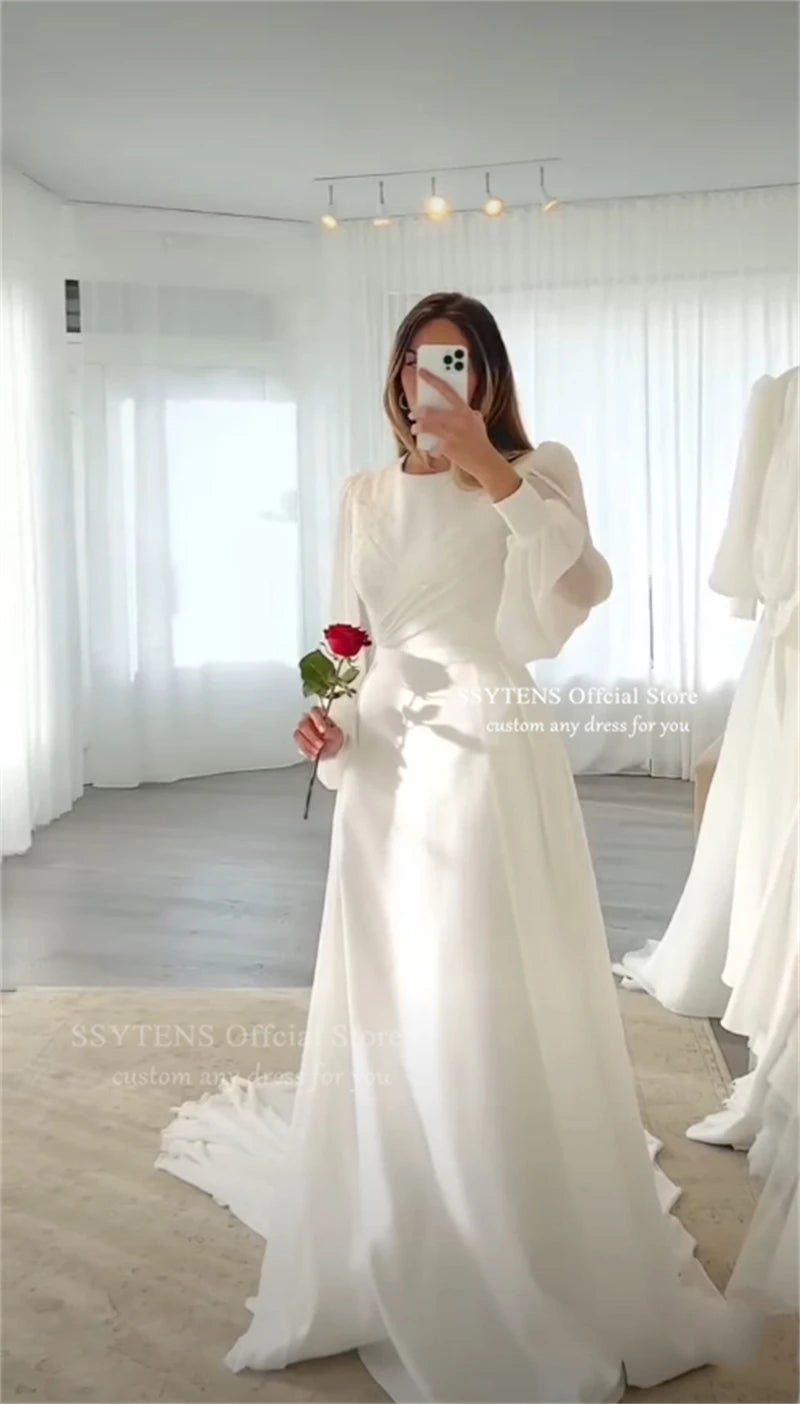 SSYTENS Modest Wedding Dresses Long Sleeves Customized Boho Bride Dress O-Neck Appliques A-Line Bridal Gown Vestidos De Novia