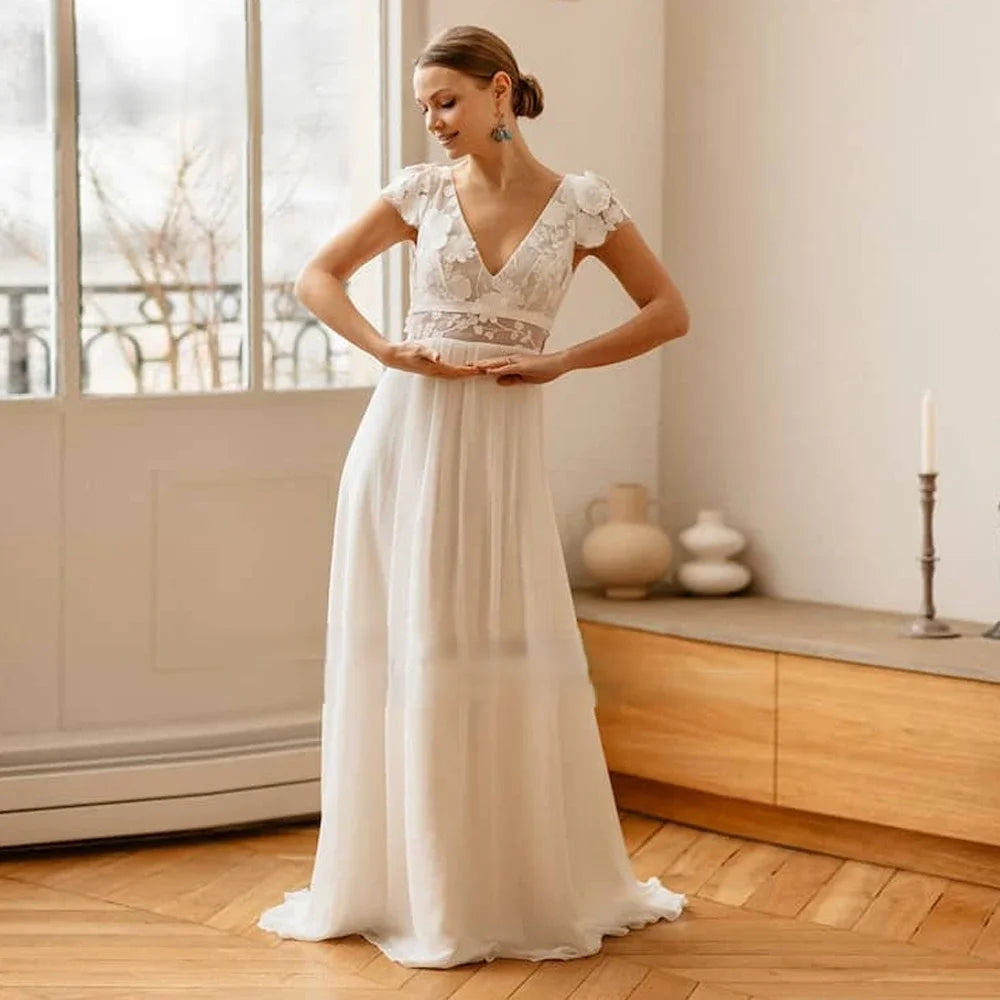 2025 New V-neck Embroidered Chiffon Wedding Dress Colored Decal Dew Back A-line Bridal Dress Customization