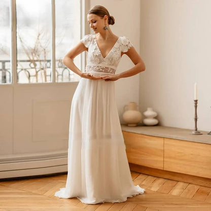 2025 New V-neck Embroidered Chiffon Wedding Dress Colored Decal Dew Back A-line Bridal Dress Customization