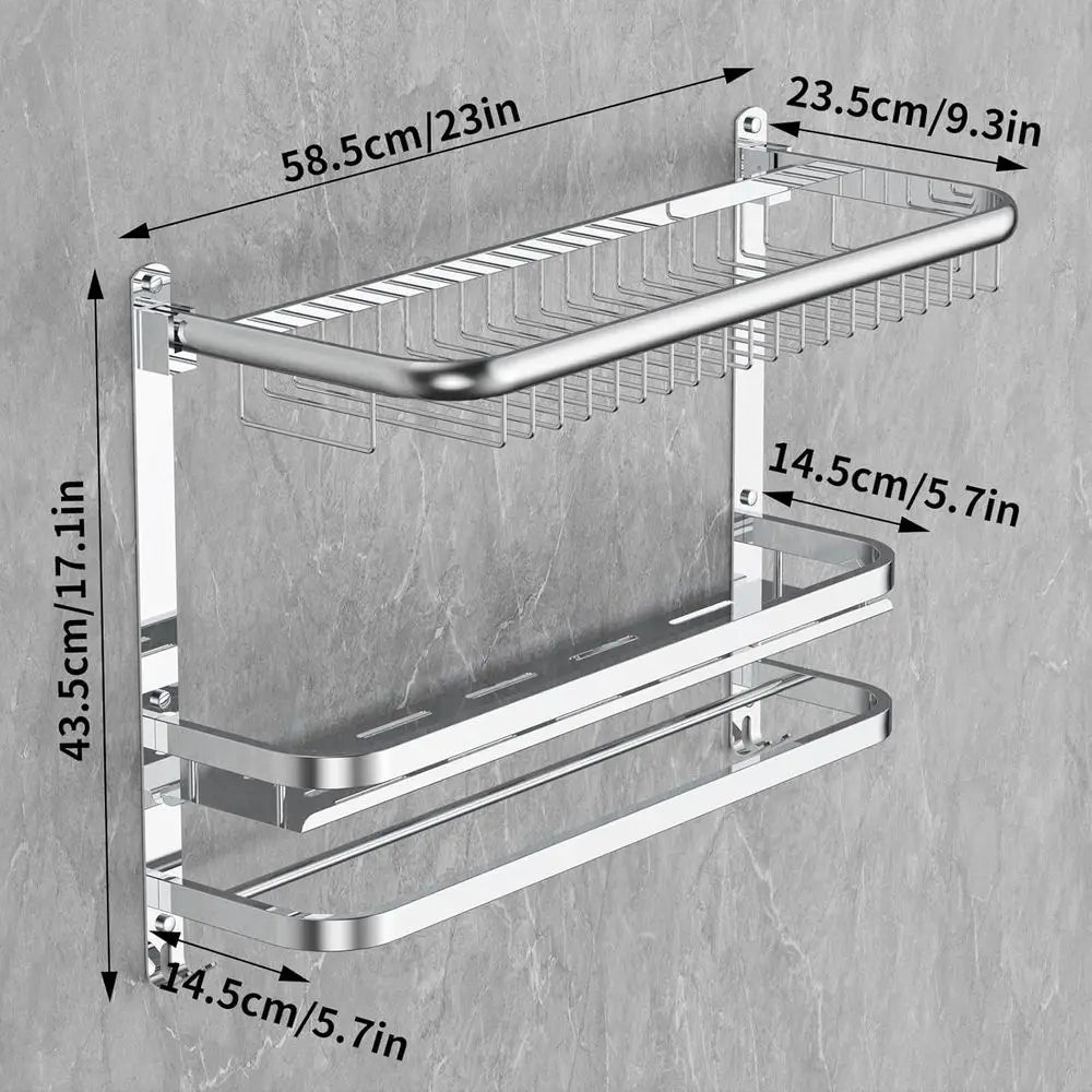 23.22 Inch Wall-Mounted Stainless Steel Towel Bar with Shower Shelves, No Drilling Required (Silver)