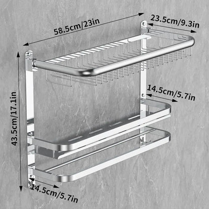 23.22 Inch Wall-Mounted Stainless Steel Towel Bar with Shower Shelves, No Drilling Required (Silver)