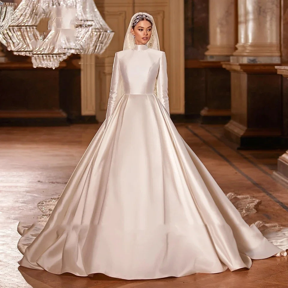 Elegant Satin High Collar Wedding Dress Long Sleeve Party Evening Dress A-line Floor length Skirt Customized Wedding Dress