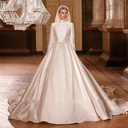 Elegant Satin High Collar Wedding Dress Long Sleeve Party Evening Dress A-line Floor length Skirt Customized Wedding Dress