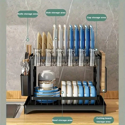 Rustproof Stainless Steel Dish Drying Rack, 2-Tier Large Dish Rack For Kitchen Countertops,With Utensil Holder