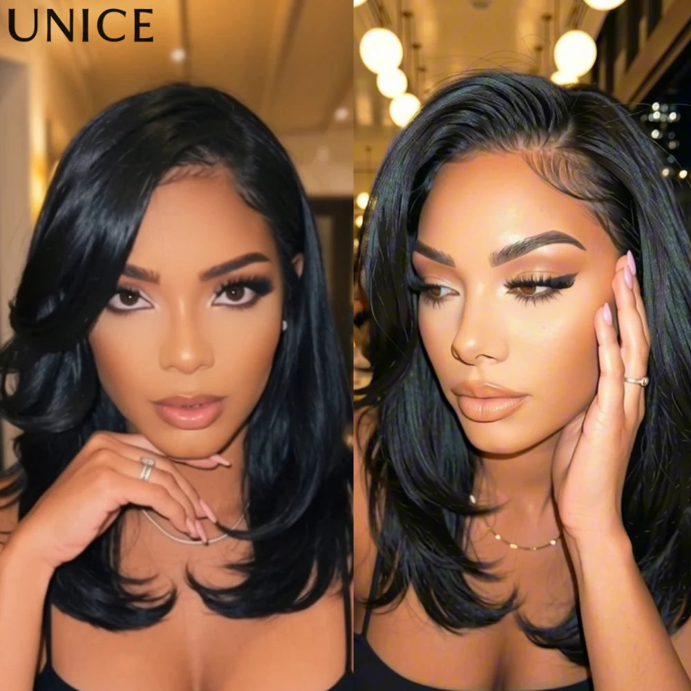 UNice Bye-Bye Knots™ 7x5 Lace Pre Layered Side Part Yaki Straight Wig Human Hair Glueless Wig Short Bob Wigs 150% Density