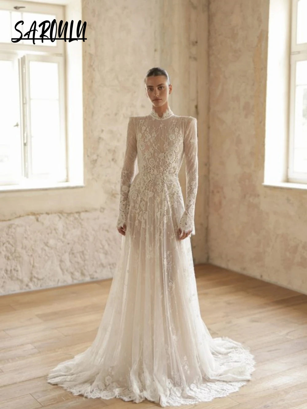 Elegant Lace Backless Wedding Dress High Neck Bride Customized A Line Floor-length Bridal Dress For Women Charming Long Sleeves