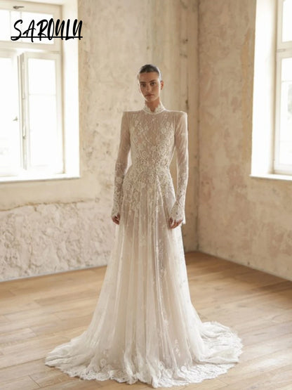 Elegant Lace Backless Wedding Dress High Neck Bride Customized A Line Floor-length Bridal Dress For Women Charming Long Sleeves