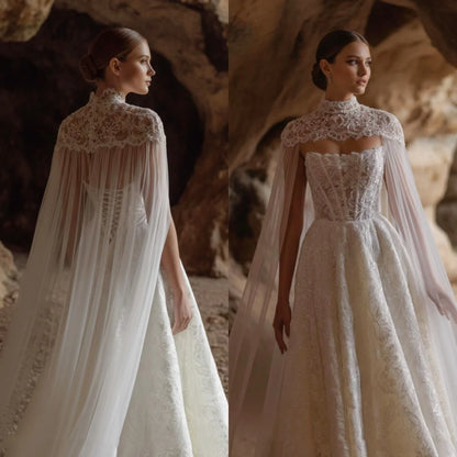 Gorgeous Lace High Neck Sparkling Wedding Dress Detachable Cloak Style Bride Dress Tight corset A-line Wedding Dress Customized