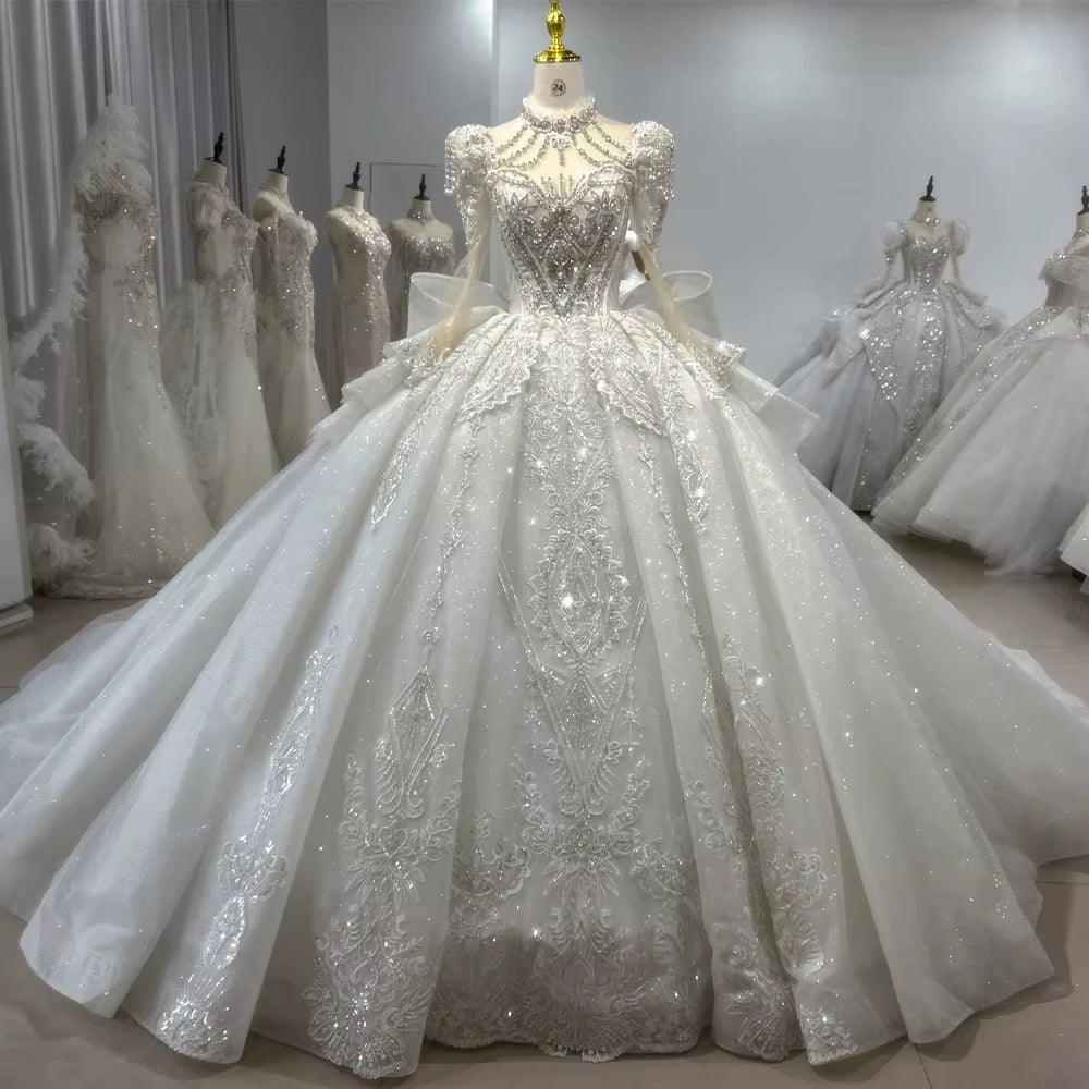 Long Sleeve Wedding Gown High Lace Up Keyhole Back Wedding Dress Beading Sequined Crystal Ball Gown Bridal Dress
