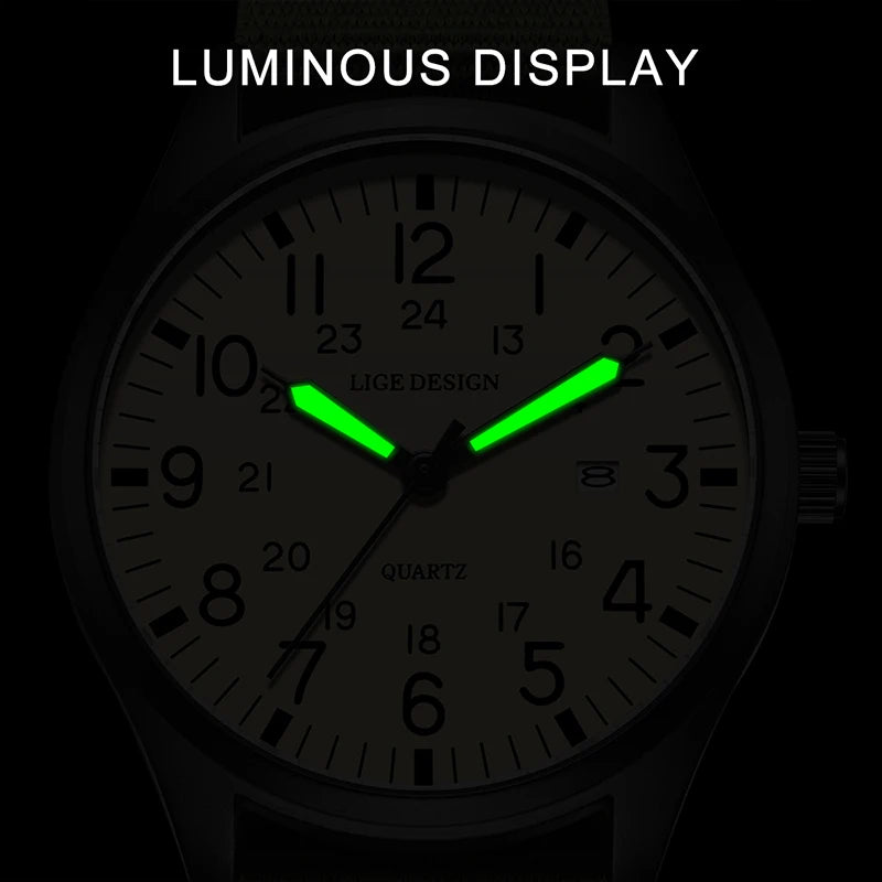 LIGE 2025 TOP NEW quartz wristwatch Arabic Watch for Men Luminous Green Nylon Luxury Leather Wrist Men Watch Montre Homme+BOX