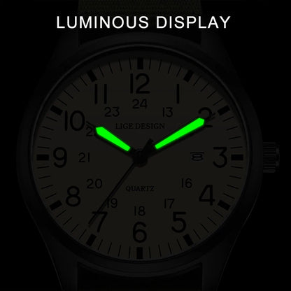 LIGE 2025 TOP NEW quartz wristwatch Arabic Watch for Men Luminous Green Nylon Luxury Leather Wrist Men Watch Montre Homme+BOX