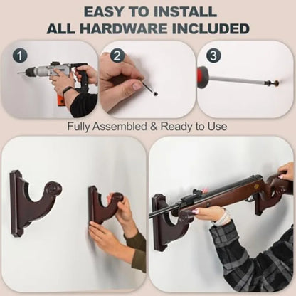 Rifle Wall Mount - Snail-Style Gun Hooks, Wooden Gun Rack for Shotguns and Rifles, Real Hardwood, Set of 2, Mahogany Finish, Rifle Wall Mount Display,Mahogany