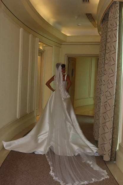 Customized Square Neck Straight Wedding Dresses White Satin Ankle Length Bride Dress with Detachable Train Church Robe De Mariag