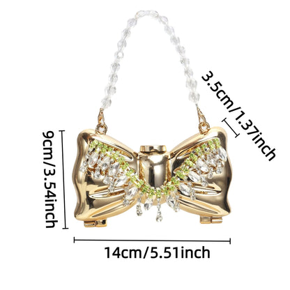 Luxury Fashion Metal Mini Handbag with Bow Clasp Playful Acrylic Bow Design with Shimmering European-Style Chain Crossbody Bag