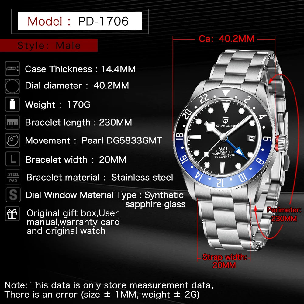 Pagani design BB40 men's mechanical watch GMT men's automatic watch gift box top brand Sapphire luminous 20BAR clock reloj 2026