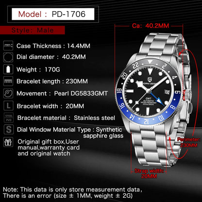 Pagani design BB40 men's mechanical watch GMT men's automatic watch gift box top brand Sapphire luminous 20BAR clock reloj 2026