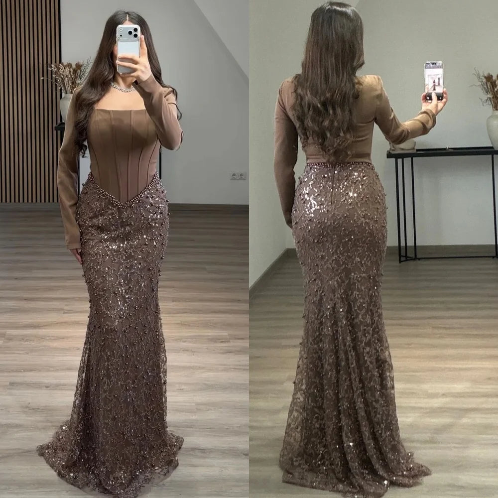 Customized High Quality Fashion Jersey Sequined Beading Mermaid Square Neck Long Dresses Bespoke Occasion Dresses Matching Sexy