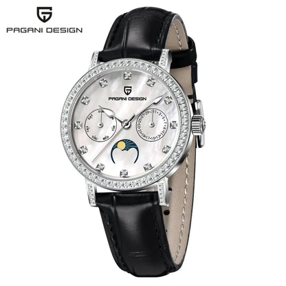 PAGANI DESIGN Women Quartz Watch Mop Dial Diamond Bezel Moon Phase Week Date Multi-function 50M Waterproof White Leather watch