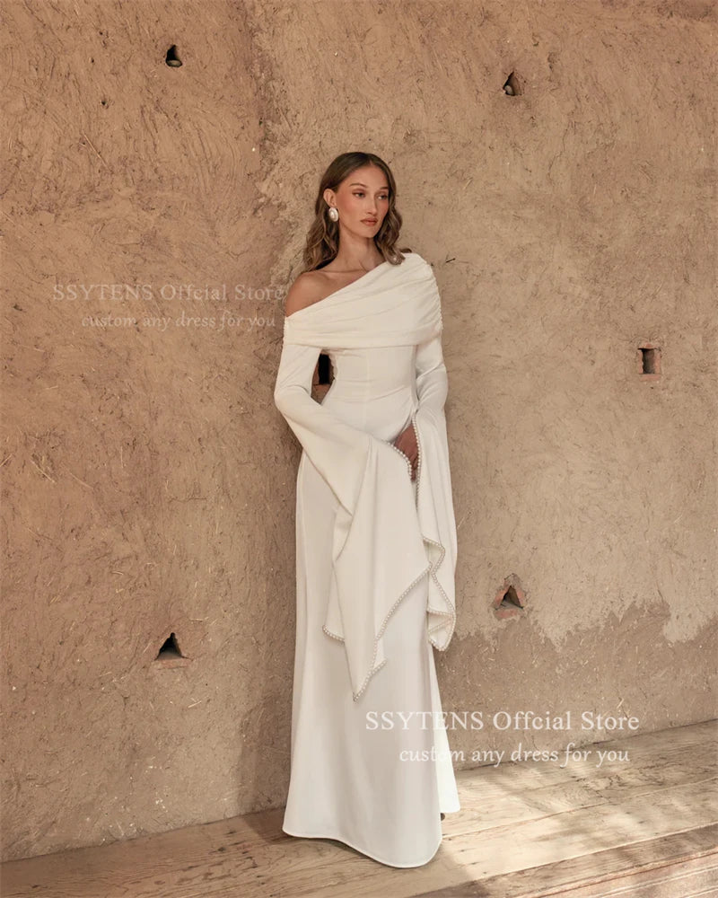 SSYTENS Modest Ivory Wedding Dresses Long Sleeves Formal Prom Gowns One Shoulder Pearls Elegant Wedding Party Dresses Customized