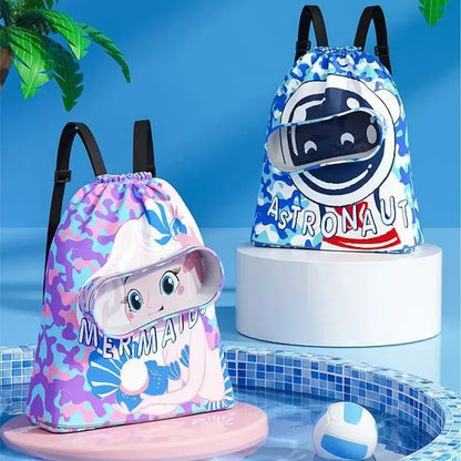 Portable Kids Swimming Bag Waterproof Dry Wet Separation Backpack with Cartoon Print, Essential Organizer for Children's Sports