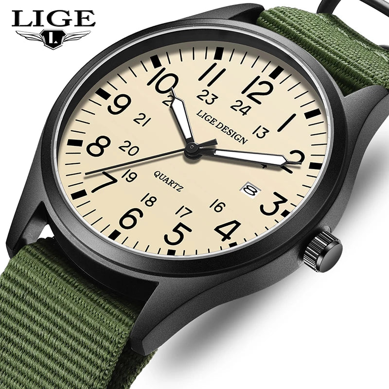 LIGE 2025 TOP NEW quartz wristwatch Arabic Watch for Men Luminous Green Nylon Luxury Leather Wrist Men Watch Montre Homme+BOX