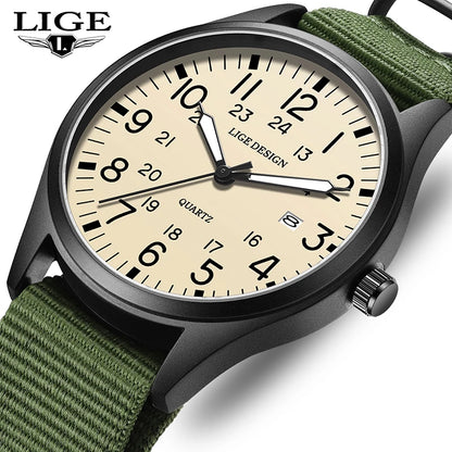 LIGE 2025 TOP NEW quartz wristwatch Arabic Watch for Men Luminous Green Nylon Luxury Leather Wrist Men Watch Montre Homme+BOX
