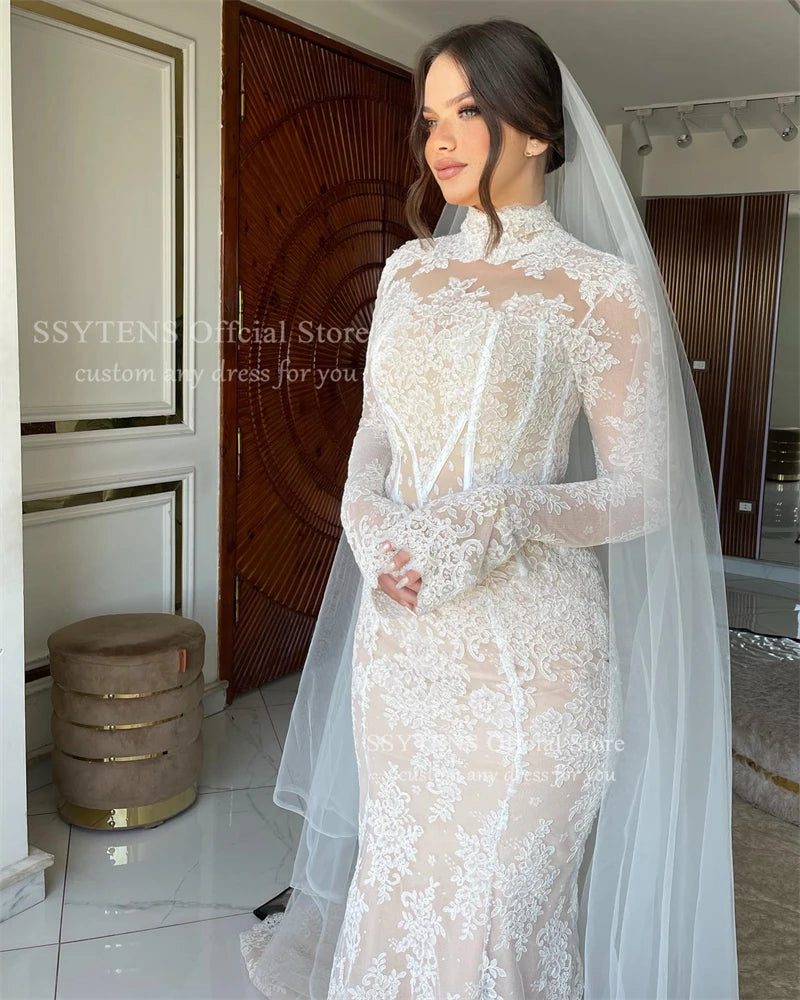 SSYTENS Lace Wedding Dresses High Neck Long Mermaid Bride Dress Saudi Arabia Bridal Gown Customized Luxurious vestidos de novia