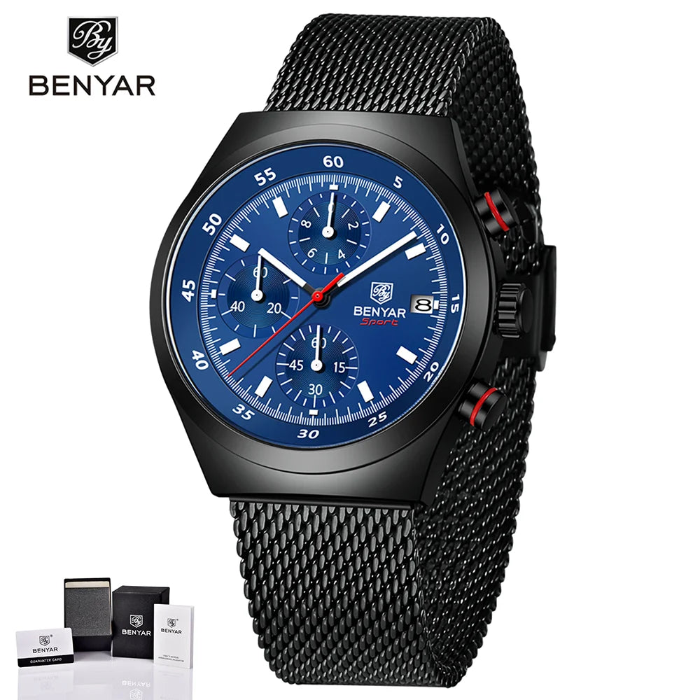 BENYAR Top Luxury Brand Men's Business Leisure Watch Mesh Band Quartz Timing Men's Watch 30 Meter Waterproof