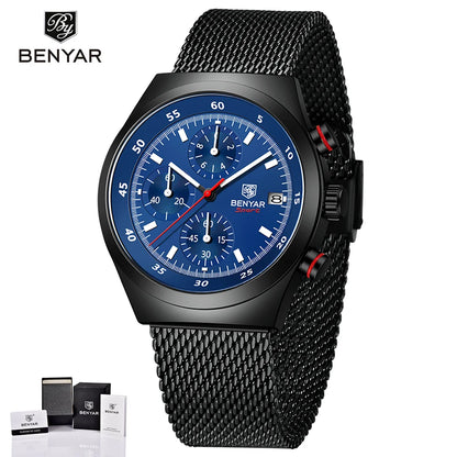 BENYAR Top Luxury Brand Men's Business Leisure Watch Mesh Band Quartz Timing Men's Watch 30 Meter Waterproof