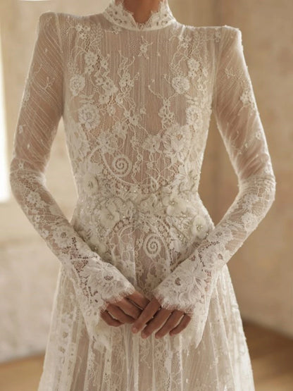 Elegant Lace Backless Wedding Dress High Neck Bride Customized A Line Floor-length Bridal Dress For Women Charming Long Sleeves