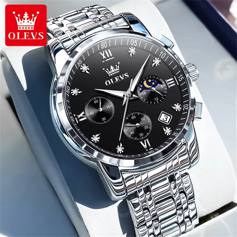 OLEVS Popular men's watches stainless steel black Moon Phase Chronograph quartz watch for man date Original brand wristwatch