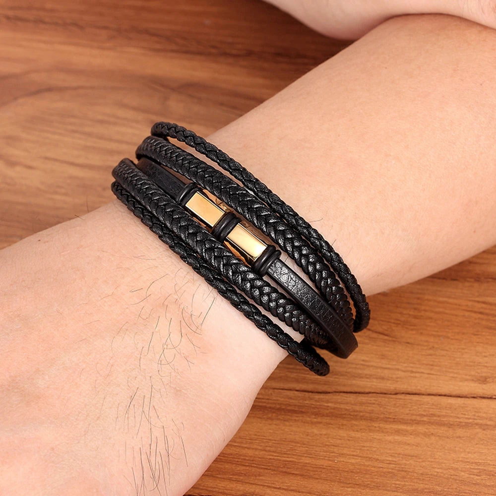 XQNI Luxury Vintage Multilayer Leather Men Bracelet Bead Bracelet Stainless Steel Charm Jewelry Male Wrist Bangle Birthday Gift
