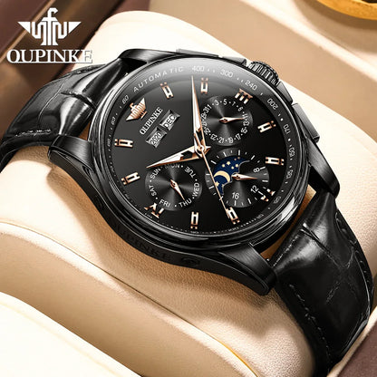 OUPINKE Men's Watches Casual Trend Leather Strap Original Automatic Mechanical Watch for Man Waterproof Moon Phase Calendar New