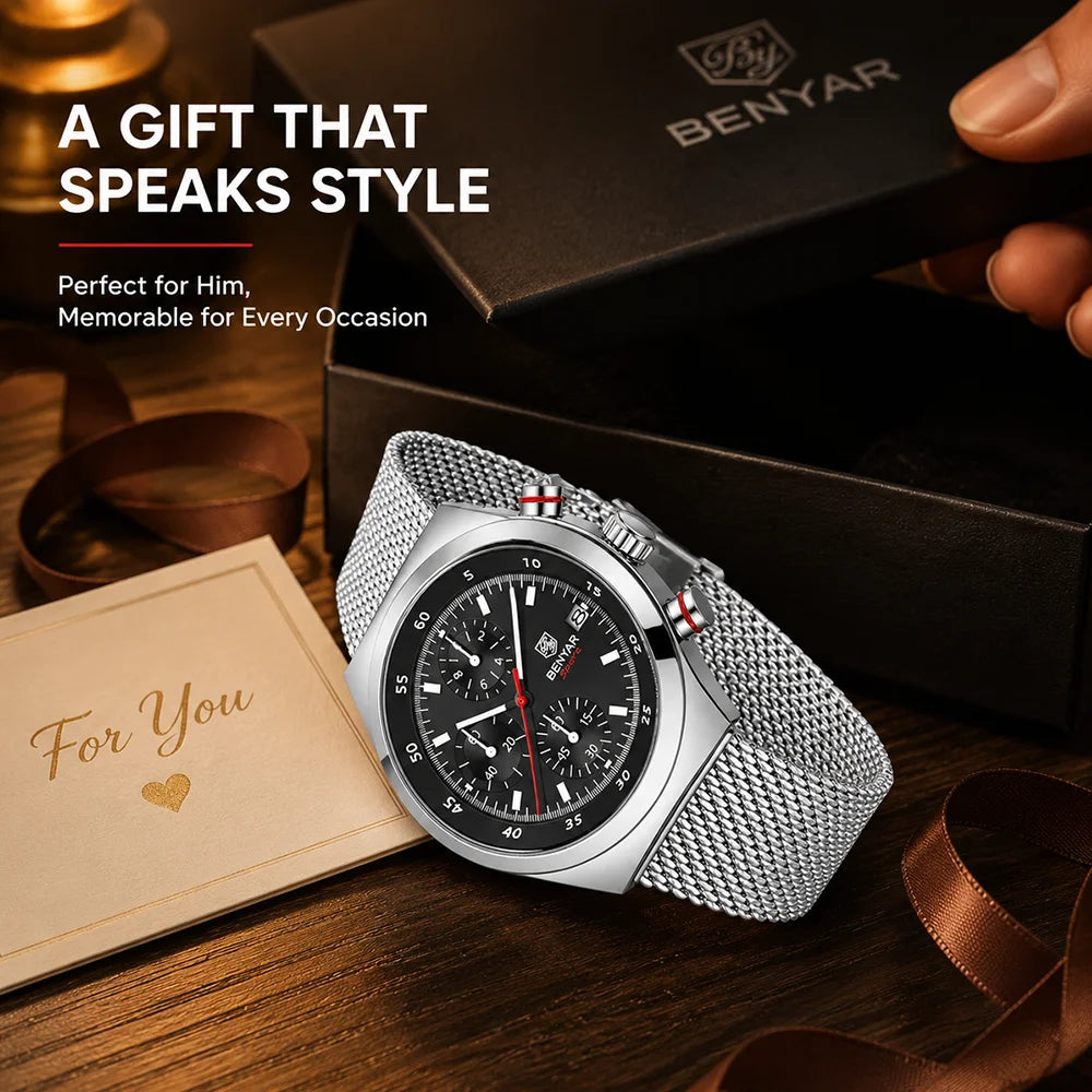 BENYAR Top Luxury Brand Men's Business Leisure Watch Mesh Band Quartz Timing Men's Watch 30 Meter Waterproof