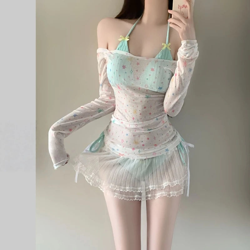 2026 Summer Women's Long Sleeve Bikini Set Korean Fashion Sweet Girl Swimsuit Slimming Beach Bathing Suit with Mesh Cover Up