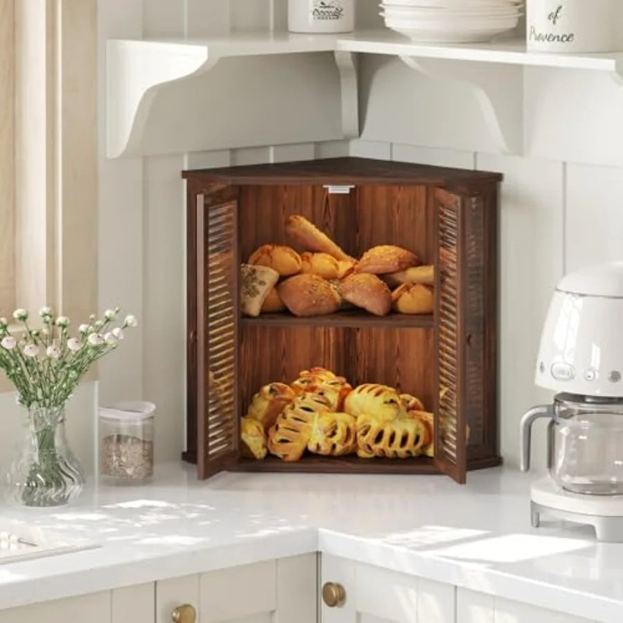 Corner bread box Bread Box for Kitchen Countertop - Corner Bread Storage Box 16.5" H, Premium Wood with Glass Door, Perfect for