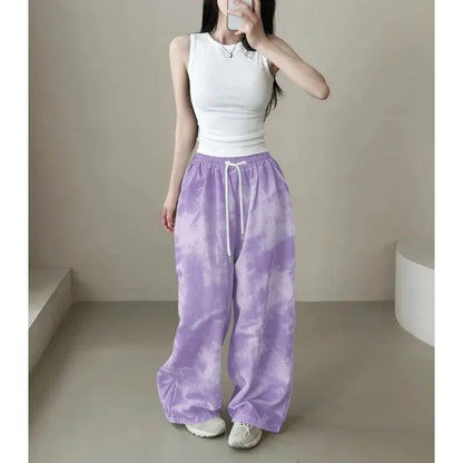 2026 Korean Version Pants Women's Tie-dye Loose Fashion Casual Drawstring Large Size Camouflage Printing Wide-leg Floor Pants