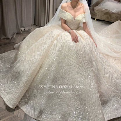 SSYTENS Cheap Wedding Dresses Shiny Wedding Dress Classic Boat Neck Bridal Party Gown Vestido De Noiva Robe De Mariee Customized